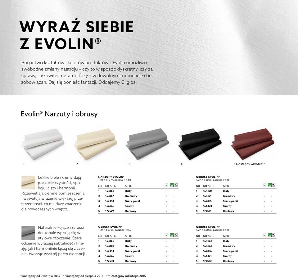 Rozświetlają ciemne pomieszczenia i wywołują wrażenie większej przestrzenności, co ma duże znaczenie dla nowoczesnych wnętrz. NARZUTY EVOLIN 1.10 1.