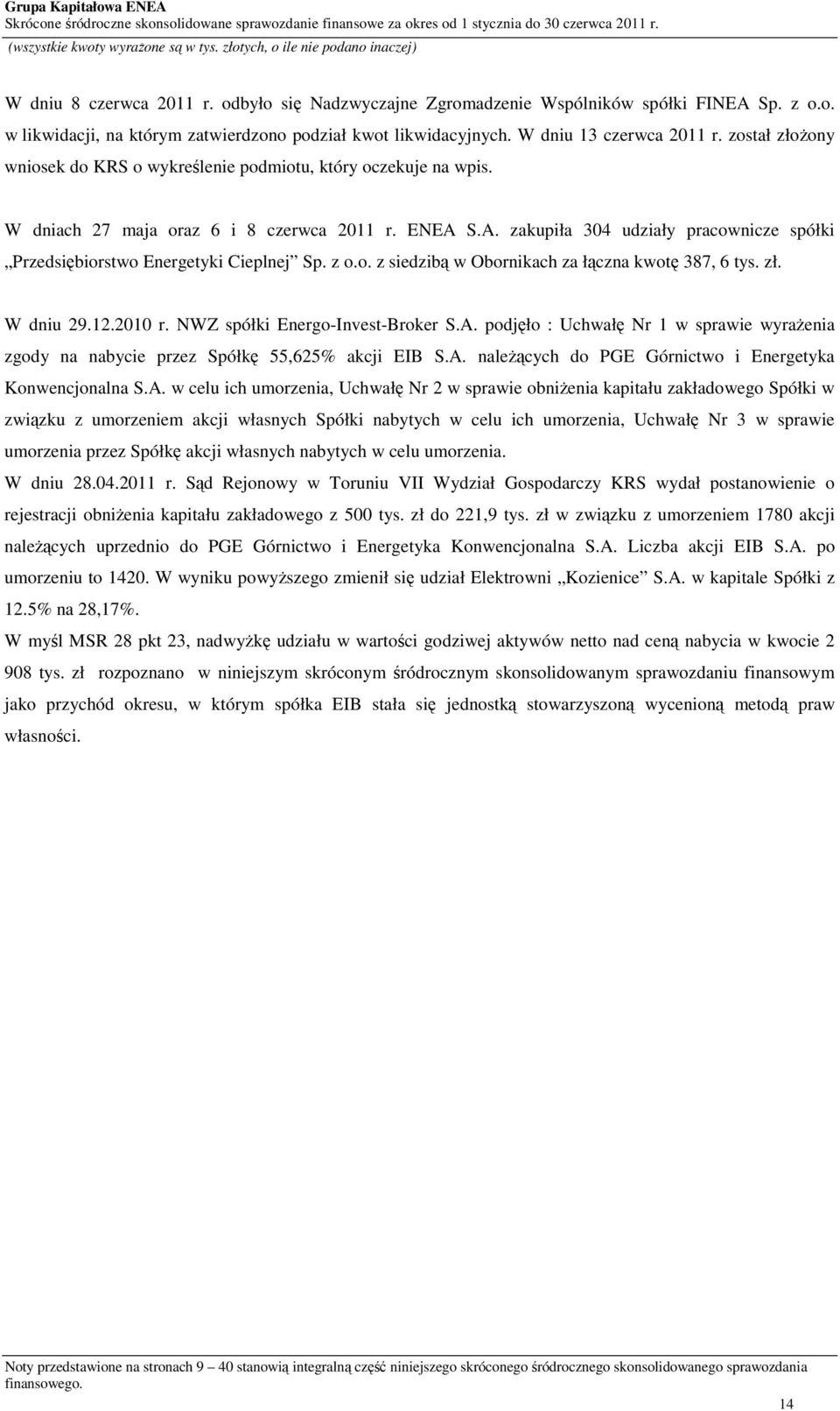 S.A. zakupiła 304 udziały pracownicze spółki Przedsiębiorstwo Energetyki Cieplnej Sp. z o.o. z siedzibą w Obornikach za łączna kwotę 387, 6 tys. zł. W dniu 29.12.2010 r.