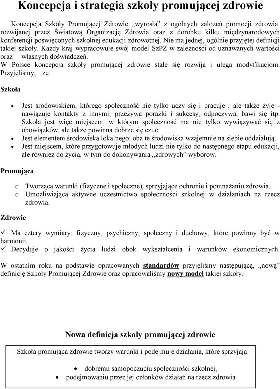 Każdy kraj wypracowuje swój model SzPZ w zależności od uznawanych wartości oraz własnych doświadczeń. W Polsce koncepcja szkoły promującej zdrowie stale się rozwija i ulega modyfikacjom.