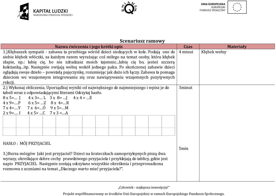 ..lubię cię bo, jesteś szczerą koleżanką...itp. Następnie owijają wełnę wokół jednego palca. Po skończonej zabawie dzieci oglądają swoje dzieło powstałą pajęczynkę, rozumiejąc jak dużo ich łączy.