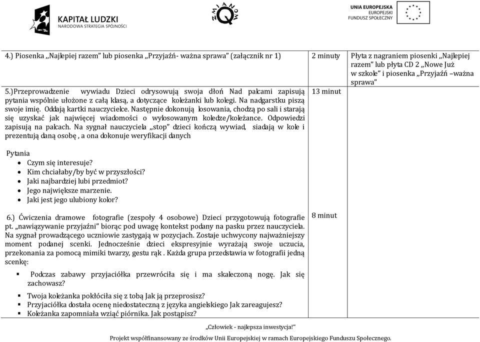 Oddają kartki nauczycielce. Następnie dokonują losowania, chodzą po sali i starają się uzyskać jak najwięcej wiadomości o wylosowanym koledze/koleżance. Odpowiedzi zapisują na palcach.