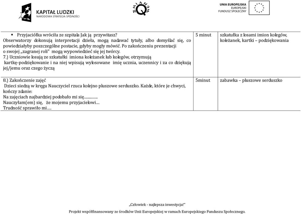 ) Uczniowie losują ze szkatułki imiona koleżanek lub kolegów, otrzymują kartkę-podziękowanie i na niej wpisują wylosowane imię ucznia, uczennicy i za co dziękują jej/jemu oraz czego życzą 5 minut