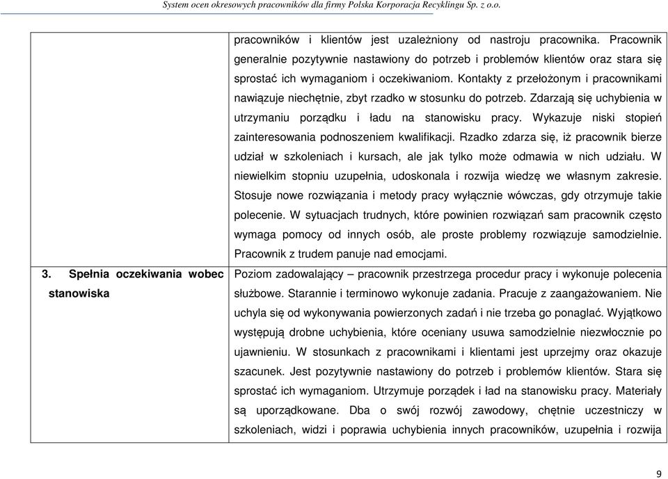 Kontakty z przełożonym i pracownikami nawiązuje niechętnie, zbyt rzadko w stosunku do potrzeb. Zdarzają się uchybienia w utrzymaniu porządku i ładu na stanowisku pracy.