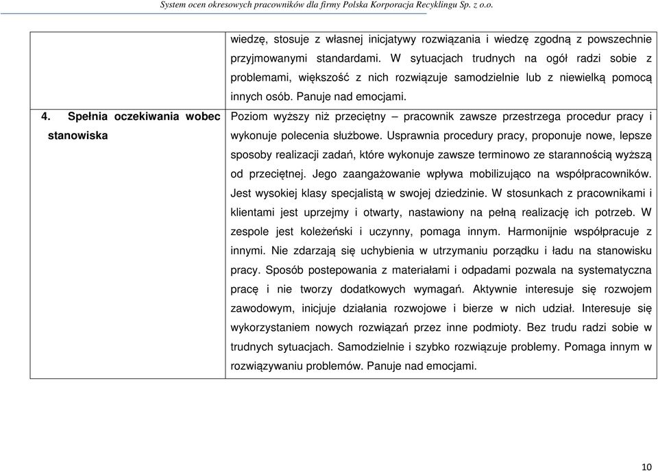 Poziom wyższy niż przeciętny pracownik zawsze przestrzega procedur pracy i wykonuje polecenia służbowe.