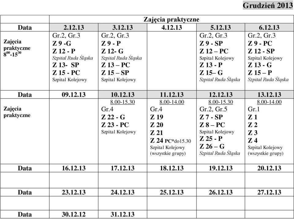 12.13 10.12.13 11.12.13 12.12.13 13.12.13 8.00-15.30 Gr.4 Z 22 - G Z 23 - PC 8.00-14.00 Gr.4 Z 19 Z 20 Z 21 Z 24 PC*do15.30 (wszystkie grupy) 8.00-15.30 Gr.2, Gr.