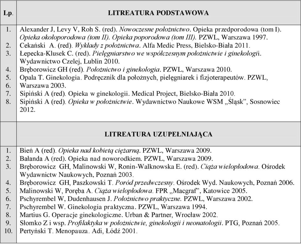 Wydawnictwo Czelej, Lublin 2010. Bręborowicz GH (red). Położnictwo i ginekologia. PZWL, Warszawa 2010. Opala T. Ginekologia. Podręcznik dla położnych, pielęgniarek i fizjoterapeutów.