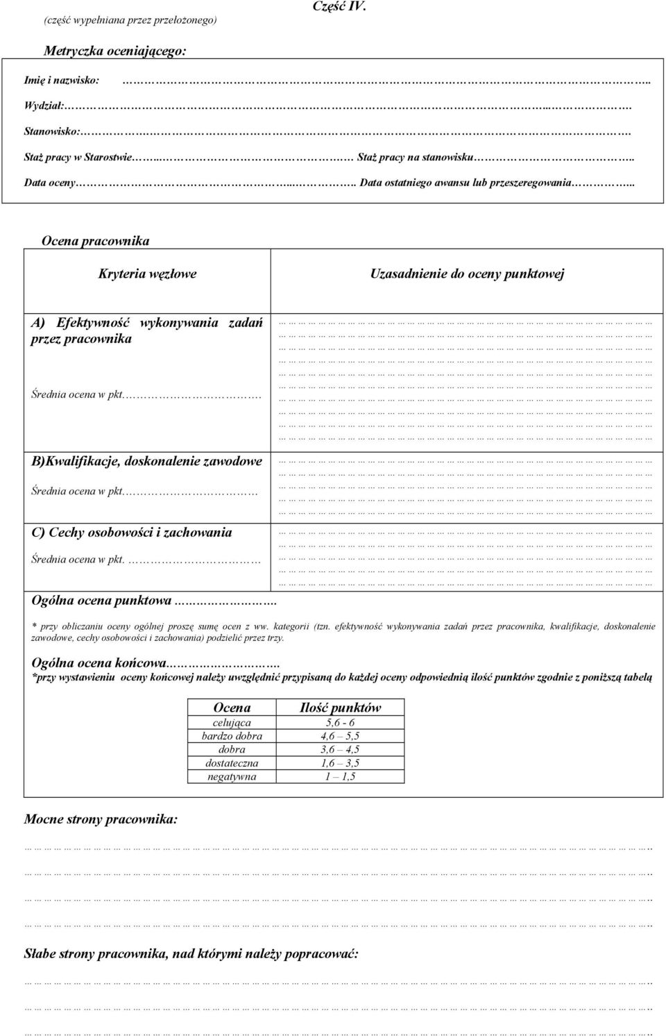 . B)Kwalifikacje, doskonalenie zawodowe Średnia ocena w pkt. C) Cechy osobowości i zachowania Średnia ocena w pkt. Ogólna ocena punktowa. * przy obliczaniu oceny ogólnej proszę sumę ocen z ww.