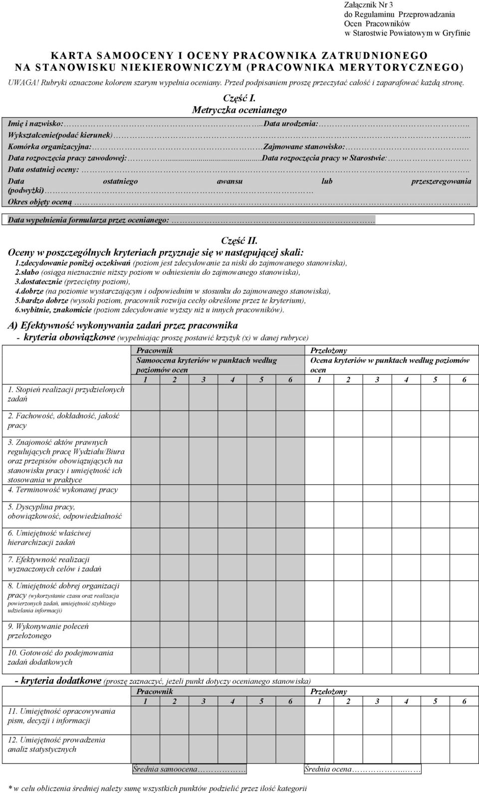 . Wykształcenie(podać kierunek)... Komórka organizacyjna: Zajmowane stanowisko:. Data rozpoczęcia pracy zawodowej:...data rozpoczęcia pracy w Starostwie:. Data ostatniej oceny:.