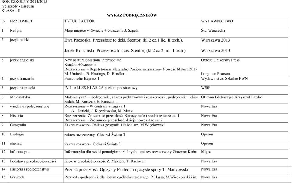 Warszawa 2013 Warszawa 2013 3 język angielski New Matura Solutions intermediate Książka +ćwiczenia Rozszerzenie Repetytorium Maturalne Poziom rozszerzony Nowość Matura 2015 M. Umińska, B. Hastings, D.