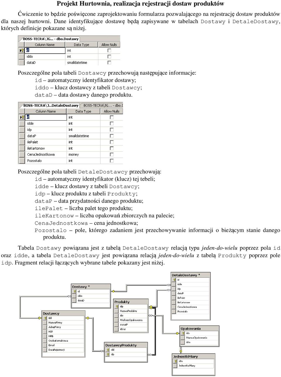 Poszczególne pola tabeli Dostawcy przechowują następujące informacje: id automatyczny identyfikator dostawy; iddo klucz dostawcy z tabeli Dostawcy; datad data dostawy danego produktu.