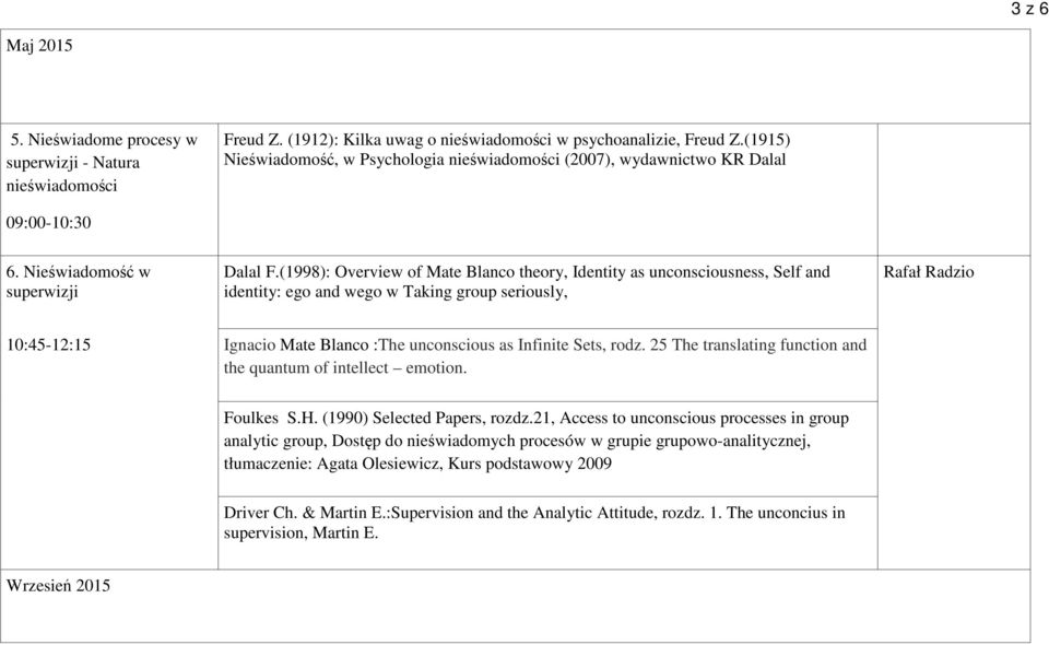 (1998): Overview of Mate Blanco theory, Identity as unconsciousness, Self and identity: ego and wego w Taking group seriously, Rafał Radzio 10:45-12:15 Ignacio Mate Blanco :The unconscious as