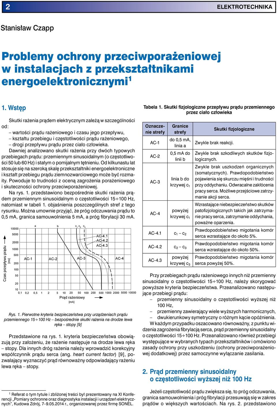 przez ciało człowieka. Dawniej analizowano skutki rażenia przy dwóch typowych przebiegach prądu: przemiennym sinusoidalnym (o częstotliwości 50 lub 60 Hz) i stałym o pomijalnym tętnieniu.