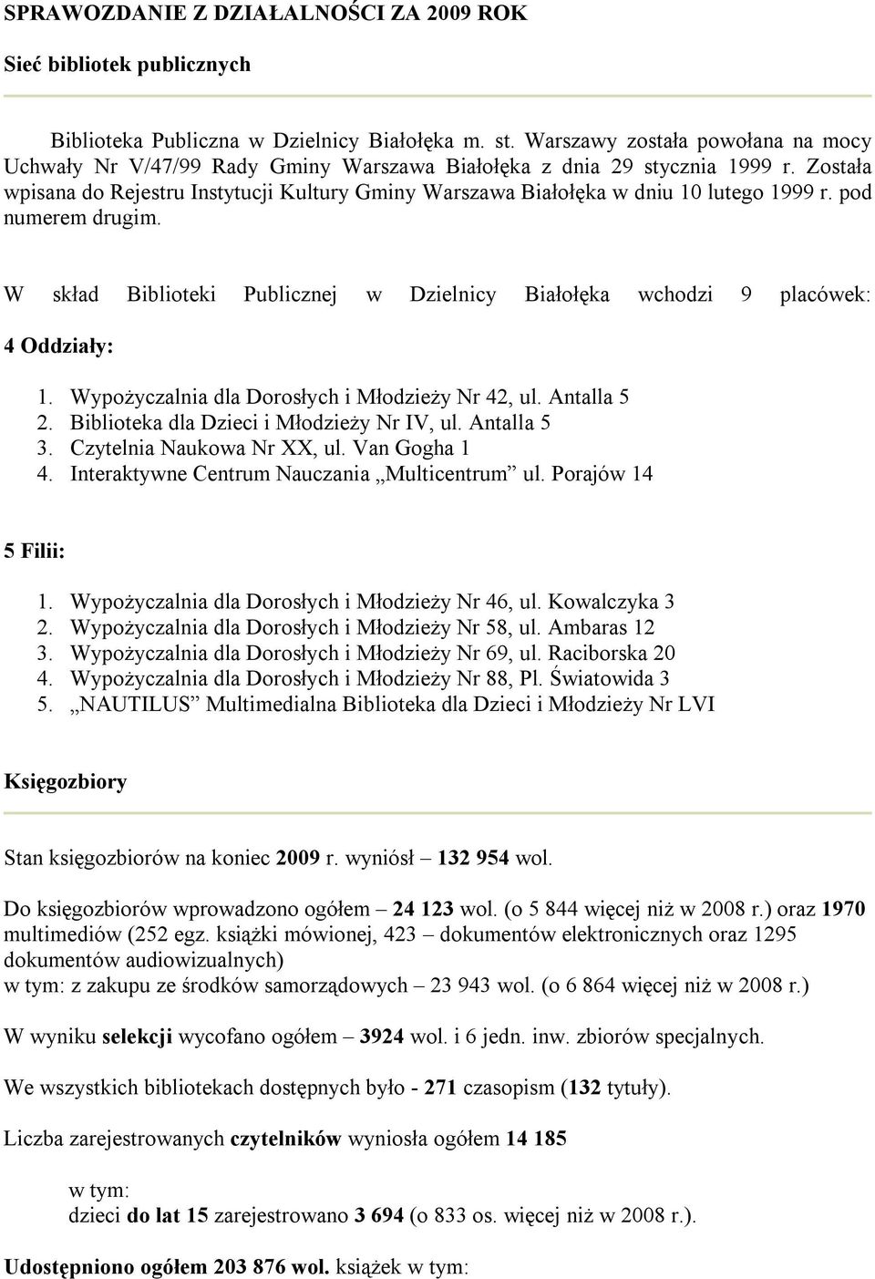 Została wpisana do Rejestru Instytucji Kultury Gminy Warszawa Białołęka w dniu 10 lutego 1999 r. pod numerem drugim.