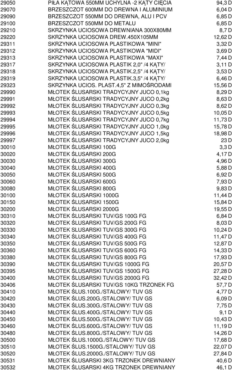 450X105MM 12,62 D 29311 SKRZYNKA UCIOSOWA PLASTIKOWA "MINI" 3,32 D 29312 SKRZYNKA UCIOSOWA PLASTIKOWA "MIDI" 3,69 D 29313 SKRZYNKA UCIOSOWA PLASTIKOWA "MAXI" 7,44 D 29317 SKRZYNKA UCIOSOWA PLASTIK