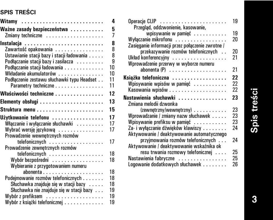 .............. 10 Podłączenie zestawu słuchawki typu Headset.. 11 Parametry techniczne................ 11 Właściwości techniczne................ 12 Elementy obsługi..................... 13 Struktura menu.
