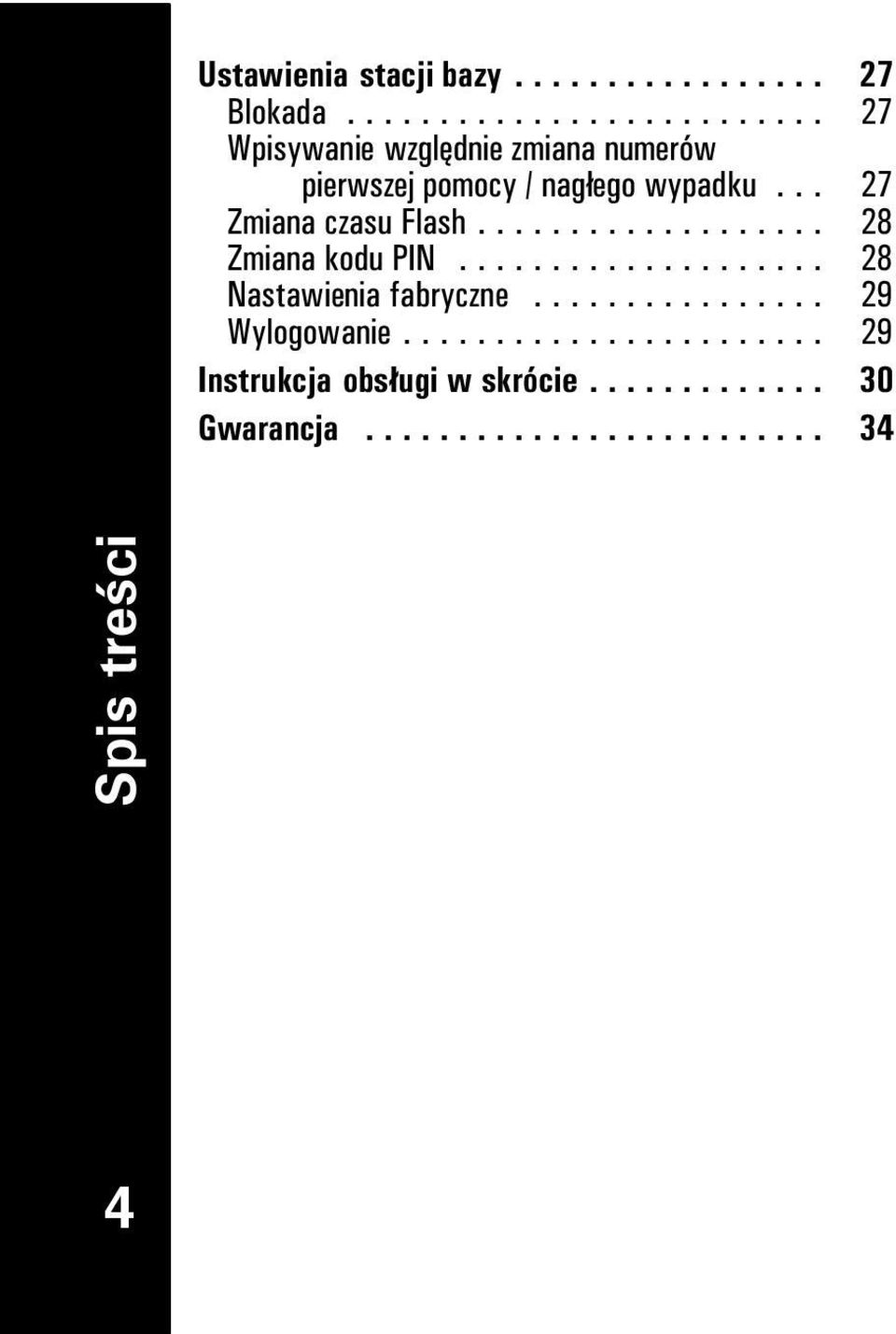 .. 27 Zmiana czasu Flash................... 28 Zmiana kodu PIN.................... 28 Nastawienia fabryczne.