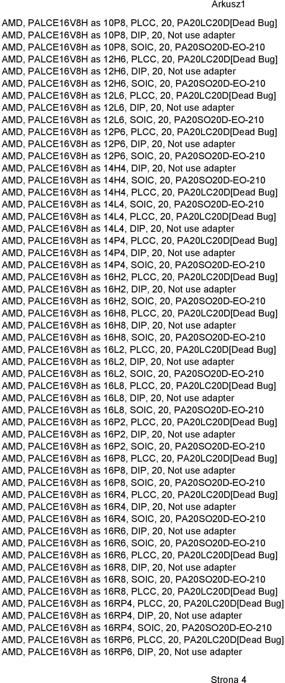 12L6, DIP, 20, Not use adapter AMD, PALCE16V8H as 12L6, SOIC, 20, PA20SO20D-EO-210 AMD, PALCE16V8H as 12P6, PLCC, 20, PA20LC20D[Dead Bug] AMD, PALCE16V8H as 12P6, DIP, 20, Not use adapter AMD,