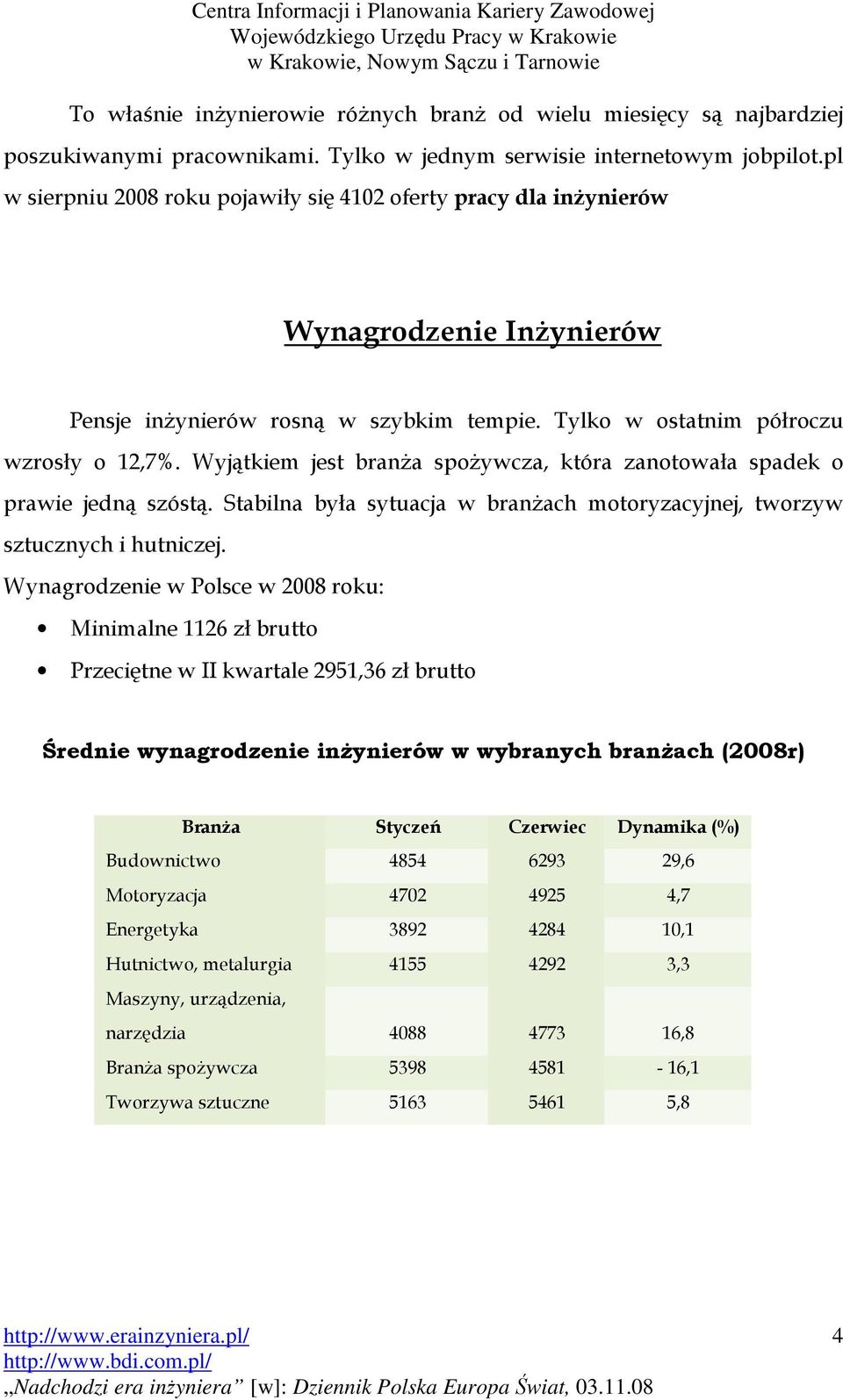 Wyjątkiem jest branŝa spoŝywcza, która zanotowała spadek o prawie jedną szóstą. Stabilna była sytuacja w branŝach motoryzacyjnej, tworzyw sztucznych i hutniczej.