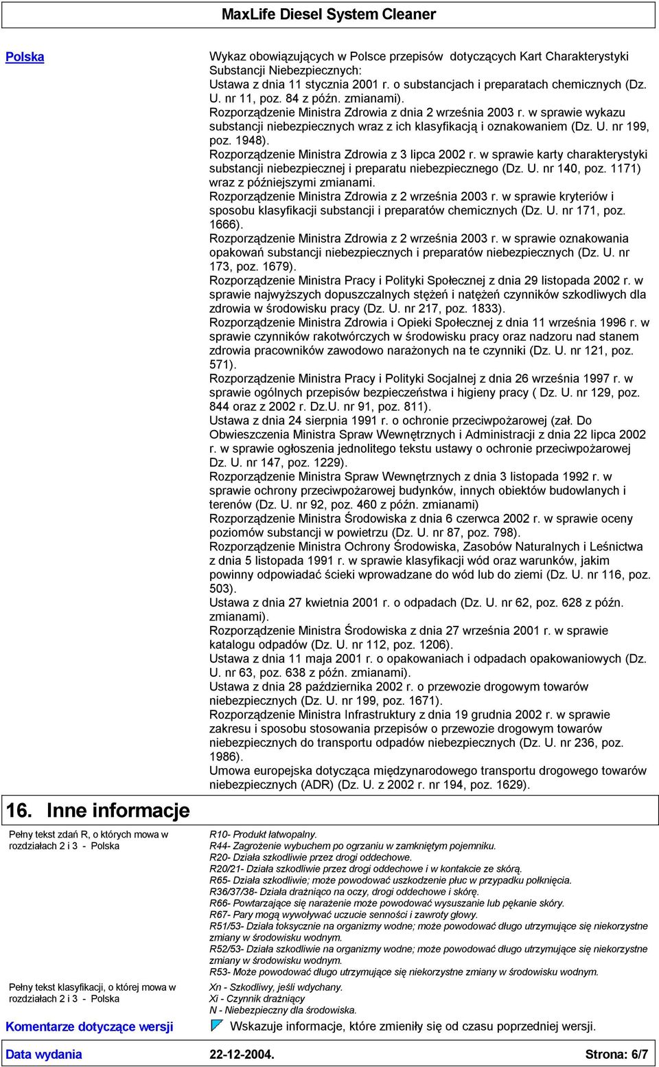 Polsce przepisów dotyczących Kart Charakterystyki Substancji Niebezpiecznych: Ustawa z dnia 11 stycznia 2001 r. o substancjach i preparatach chemicznych (Dz. U. nr 11, poz. 84 z późn. zmianami).