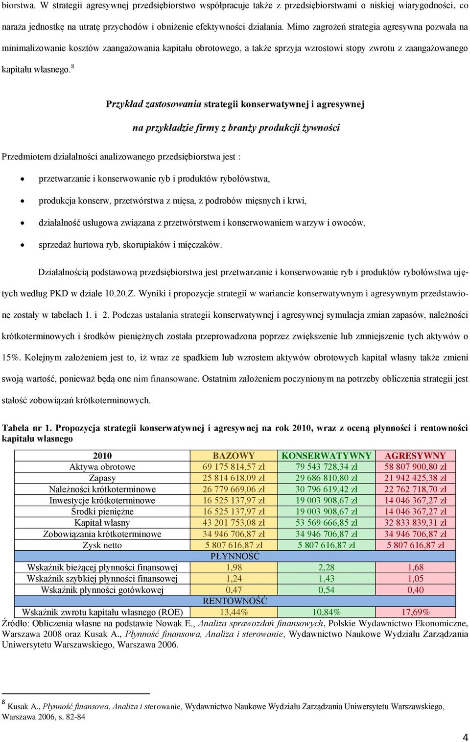8 Przykład zastosowania strategii konserwatywnej i agresywnej na przykładzie firmy z branży produkcji żywności Przedmiotem działalności analizowanego przedsiębiorstwa jest : przetwarzanie i