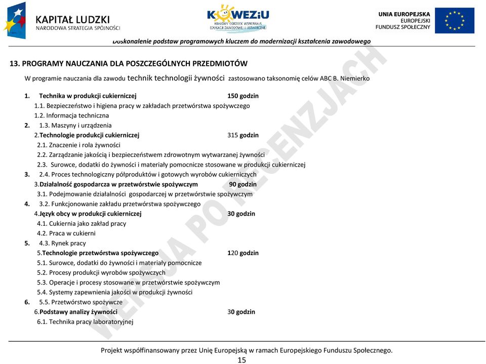 Technologie produkcji cukierniczej 315 godzin 2.1. Znaczenie i rola żywności 2.2. Zarządzanie jakością i bezpieczeństwem zdrowotnym wytwarzanej żywności 2.3. Surowce, dodatki do żywności i materiały pomocnicze stosowane w produkcji cukierniczej 3.