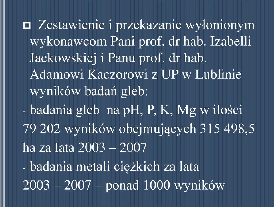 Adamowi Kaczorowi z UP w Lublinie wyników badań gleb: - badania gleb na ph, P,