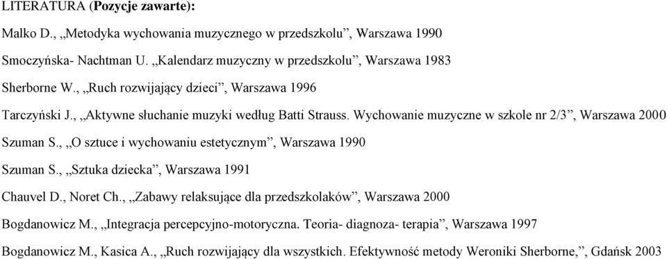 Wychowanie muzyczne w szkole nr 2/3, Warszawa 2000 Szuman S., O sztuce i wychowaniu estetycznym, Warszawa 1990 Szuman S., Sztuka dziecka, Warszawa 1991 Chauvel D., Noret Ch.