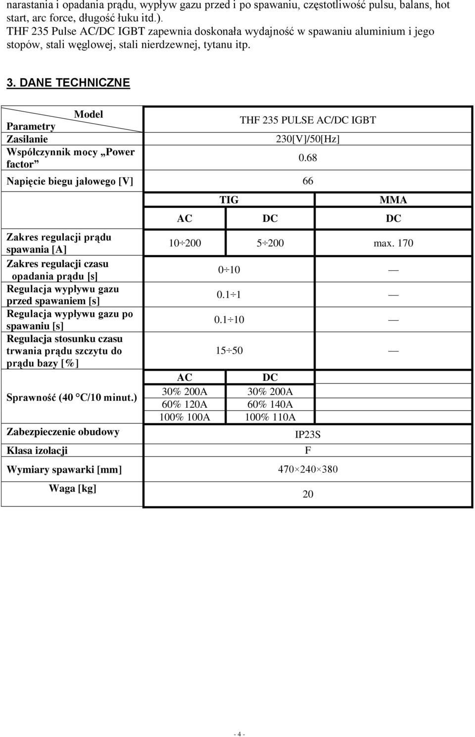 DANE TECHNICZNE Model Parametry Zasilanie Współczynnik mocy Power factor THF 235 PULSE AC/DC IGBT 230[V]/50[Hz] Napięcie biegu jałowego [V] 66 Zakres regulacji prądu spawania [A] Zakres regulacji