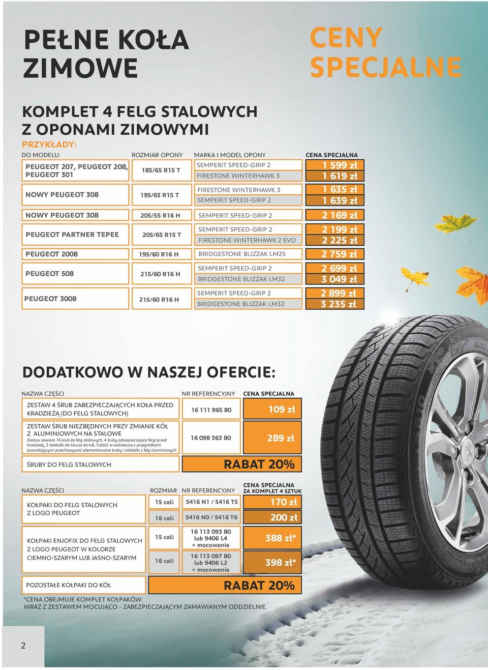 759 zł PEUGEOT 508 PEUGEOT 3008 215/60 R16 H 215/60 R16 H BRIDGESTONE BLIZZAK LM32 BRIDGESTONE BLIZZAK LM32 2 699 zł 3 049 zł 2 899 zł 3 235 zł DODATKOWO W NASZEJ OFERCIE: NAZWA CZĘŚCI ZESTAW 4 ŚRUB