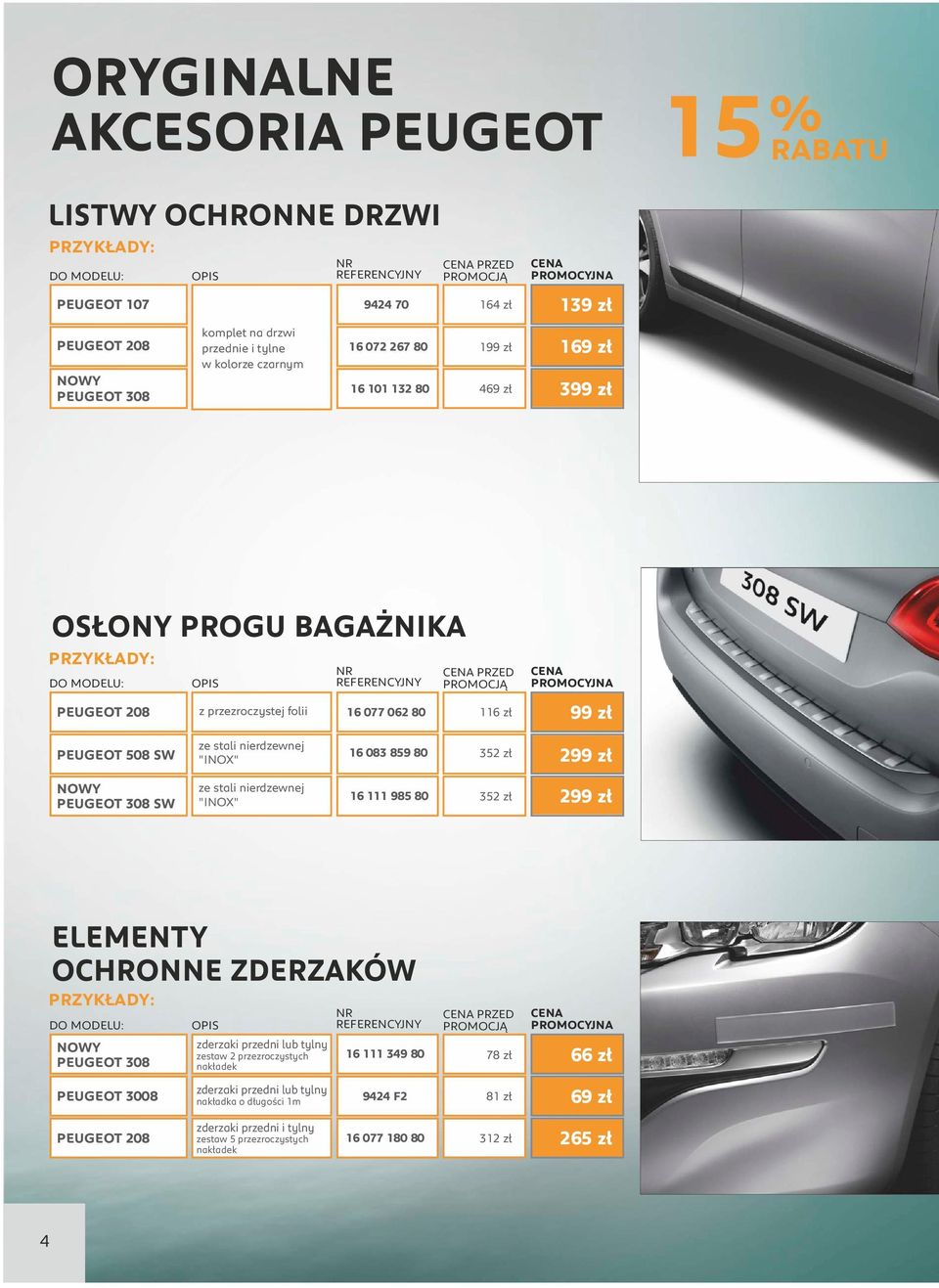 NOWY PEUGEOT 308 SW ze stali nierdzewnej "INOX" 16 111 985 80 352 zł 299 zł ELEMENTY OCHRONNE ZDERZAKÓW NOWY PEUGEOT 308 PEUGEOT 3008 zderzaki przedni lub tylny zestaw 2 przezroczystych