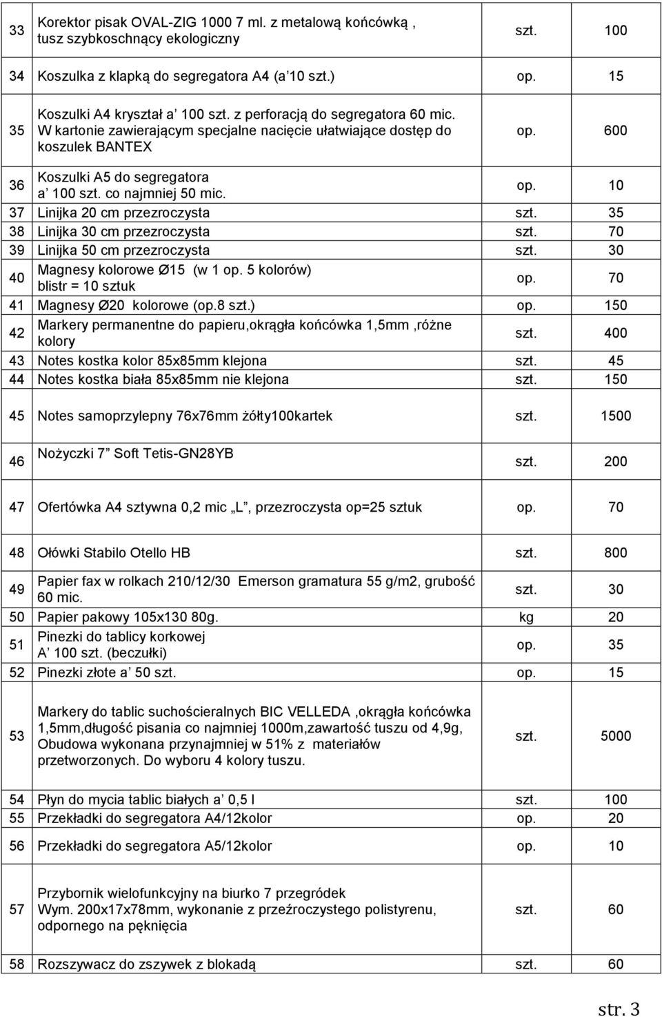 35 38 Linijka 30 cm przezroczysta szt. 70 39 Linijka 50 cm przezroczysta szt. 30 40 Magnesy kolorowe Ø15 (w 1 op. 5 kolorów) blistr = 10 sztuk 0 41 Magnesy Ø20 kolorowe (op.8 szt.) op.