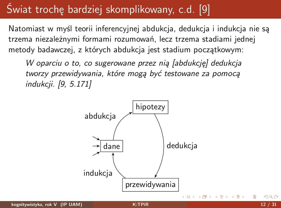 [9] Natomiast w myśl teorii inferencyjnej abdukcja, dedukcja i indukcja nie są trzema niezależnymi formami rozumowań, lecz