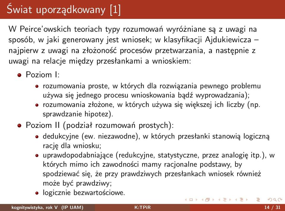 wyprowadzania); rozumowania złożone, w których używa się większej ich liczby (np. sprawdzanie hipotez). Poziom II (podział rozumowań prostych): dedukcyjne (ew.