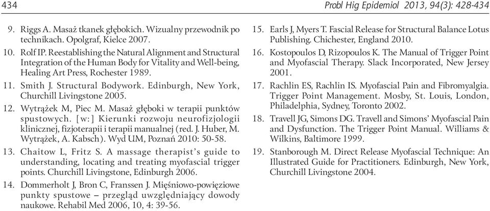 Edinburgh, New York, Churchill Livingstone 2005. 12. Wytrążek M, Piec M. Masaż głęboki w terapii punktów spustowych.