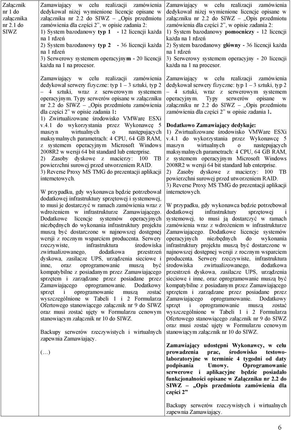 systemem operacyjnym - 20 licencji każda na 1 na procesor. Zamawiający w celu realizacji zamówienia dedykował serwery fizyczne: typ 1 3 sztuki, typ 2 4 sztuki, wraz z serwerowym systemem operacyjnym.