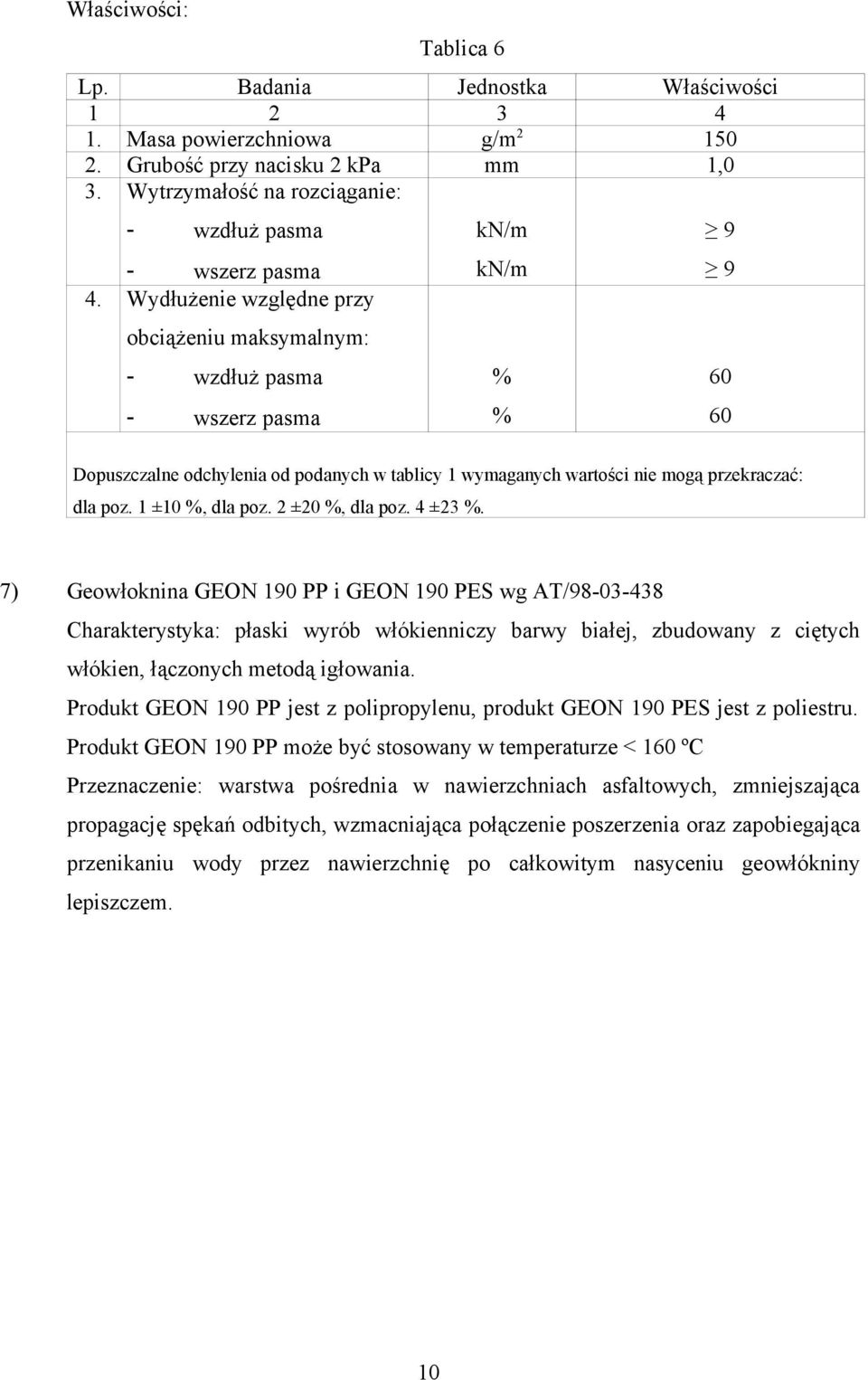 7) Geowłoknina GEON 190 PP i GEON 190 PES wg AT/98-0-48 Charakterystyka: płaski wyrób włókienniczy barwy białej, zbudowany z ciętych włókien, łączonych metodą igłowania.
