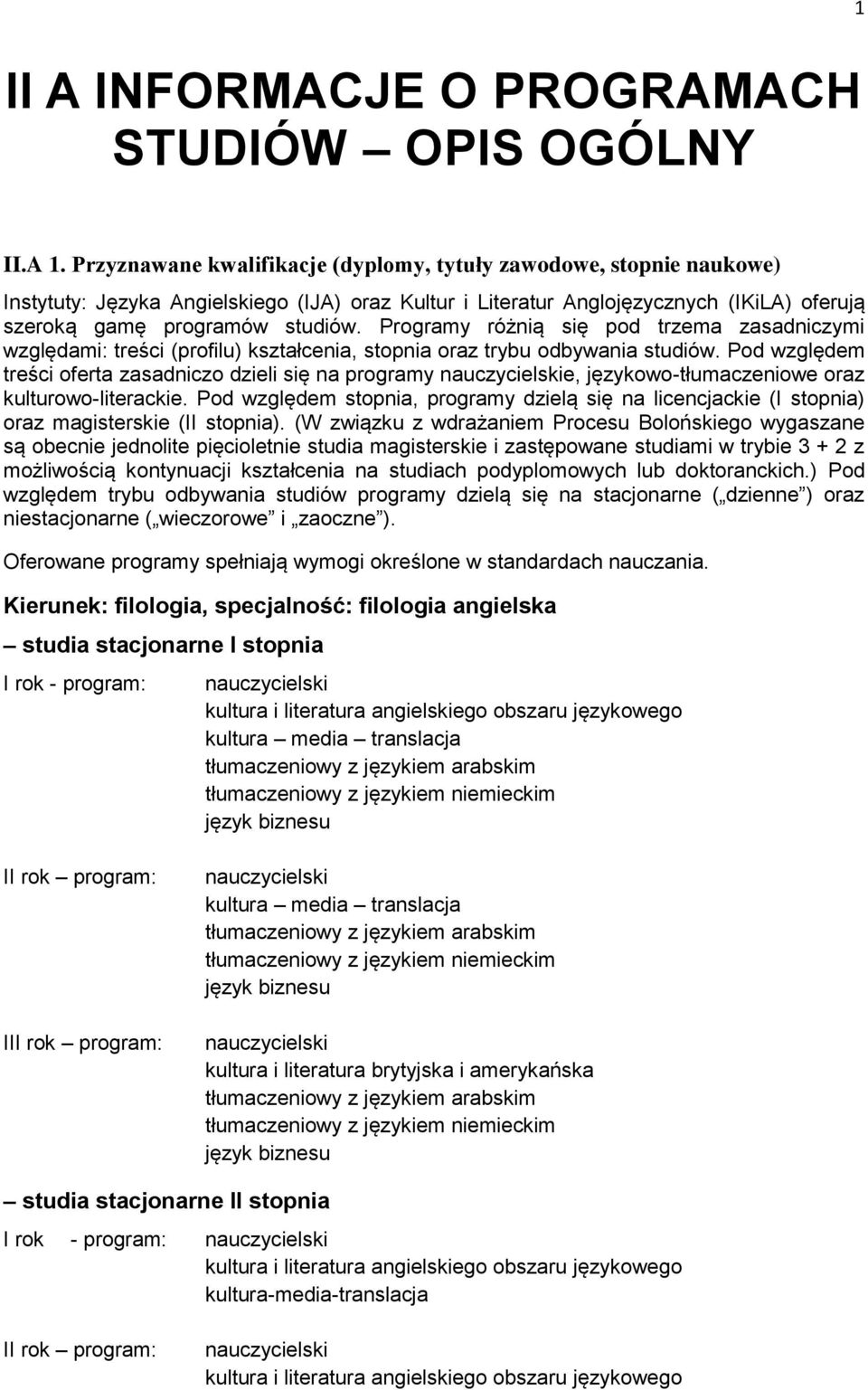 Programy różnią się pod trzema zasadniczymi względami: treści (profilu) kształcenia, stopnia oraz trybu odbywania studiów.