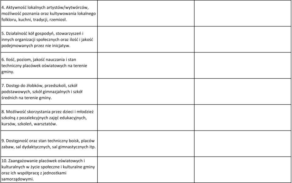 Ilość, poziom, jakość nauczania i stan techniczny placówek oświatowych na terenie gminy. 7. Dostęp do żłobków, przedszkoli, szkół podstawowych, szkół gimnazjalnych i szkół średnich na terenie gminy.