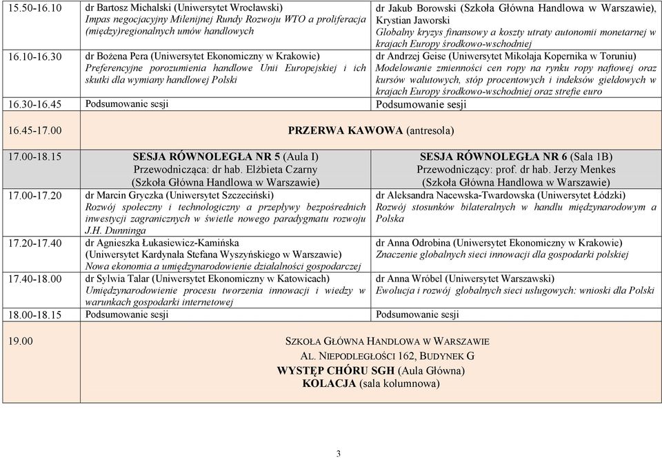 45 Podsumowanie sesji Podsumowanie sesji 16.45-17.00 PRZERWA KAWOWA (antresola) 17.00-18.15 SESJA RÓWNOLEGŁA NR 5 (Aula I) Przewodnicząca: dr hab. Elżbieta Czarny 17.00-17.