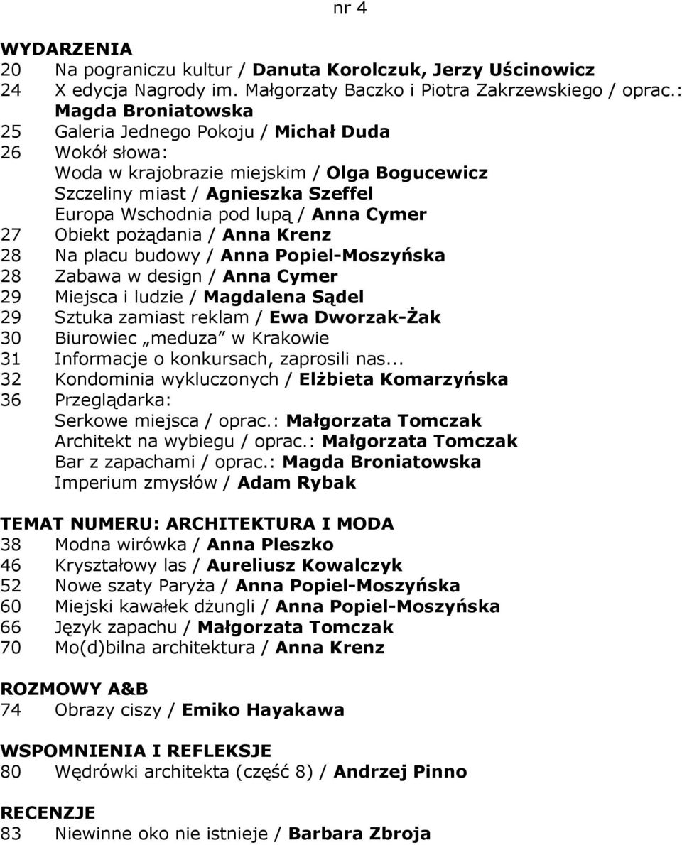 27 Obiekt poŝądania / Anna Krenz 28 Na placu budowy / Anna Popiel-Moszyńska 28 Zabawa w design / Anna Cymer 29 Miejsca i ludzie / Magdalena Sądel 29 Sztuka zamiast reklam / Ewa Dworzak-śak 30