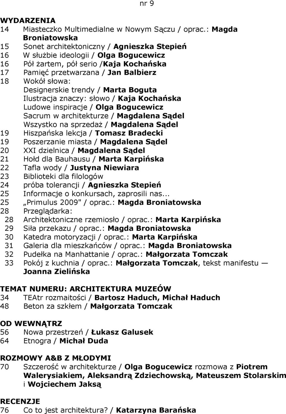 słowa: Designerskie trendy / Marta Boguta Ilustracja znaczy: słowo / Kaja Kochańska Ludowe inspiracje / Olga Bogucewicz Sacrum w architekturze / Magdalena Sądel Wszystko na sprzedaŝ / Magdalena Sądel
