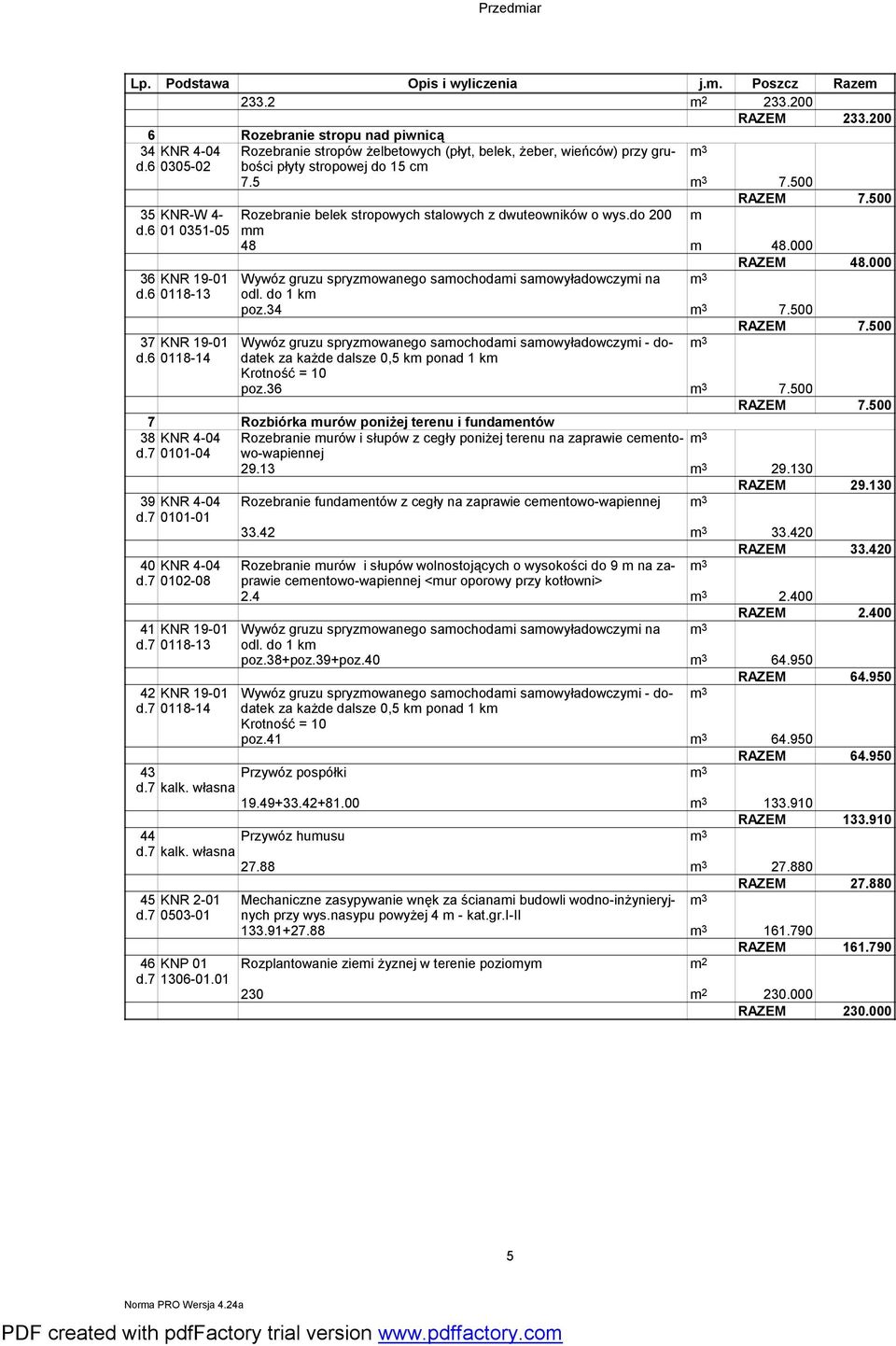 500 Rozebranie belek stropowych stalowych z dwuteowników o wys.do 200 m mm 48 m 48.000 48.000 Wywóz gruzu spryzmowanego samochodami samowyładowczymi na odl. do 1 km poz.34 7.500 7.