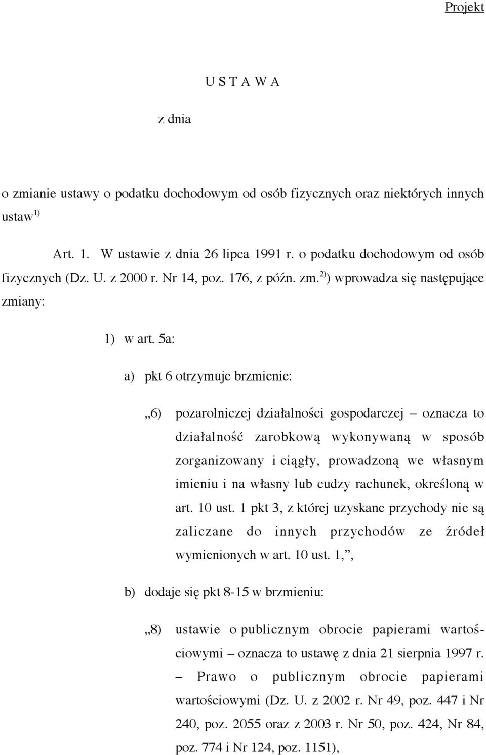 5a: a) pkt 6 otrzymuje brzmienie: 6) pozarolniczej działalności gospodarczej oznacza to działalność zarobkową wykonywaną w sposób zorganizowany i ciągły, prowadzoną we własnym imieniu i na własny lub