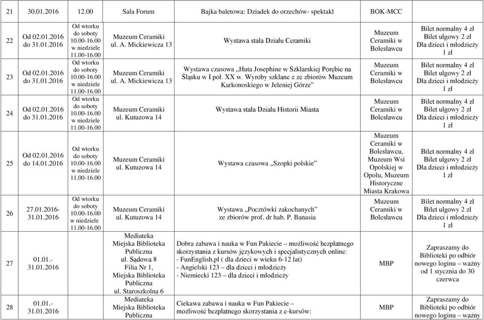 XX w. Wyroby szklane z ze zbiorów Karkonoskiego w Jeleniej Górze Wystawa stała Działu Historii Miasta Wystawa czasowa Szopki polskie Wystawa Po