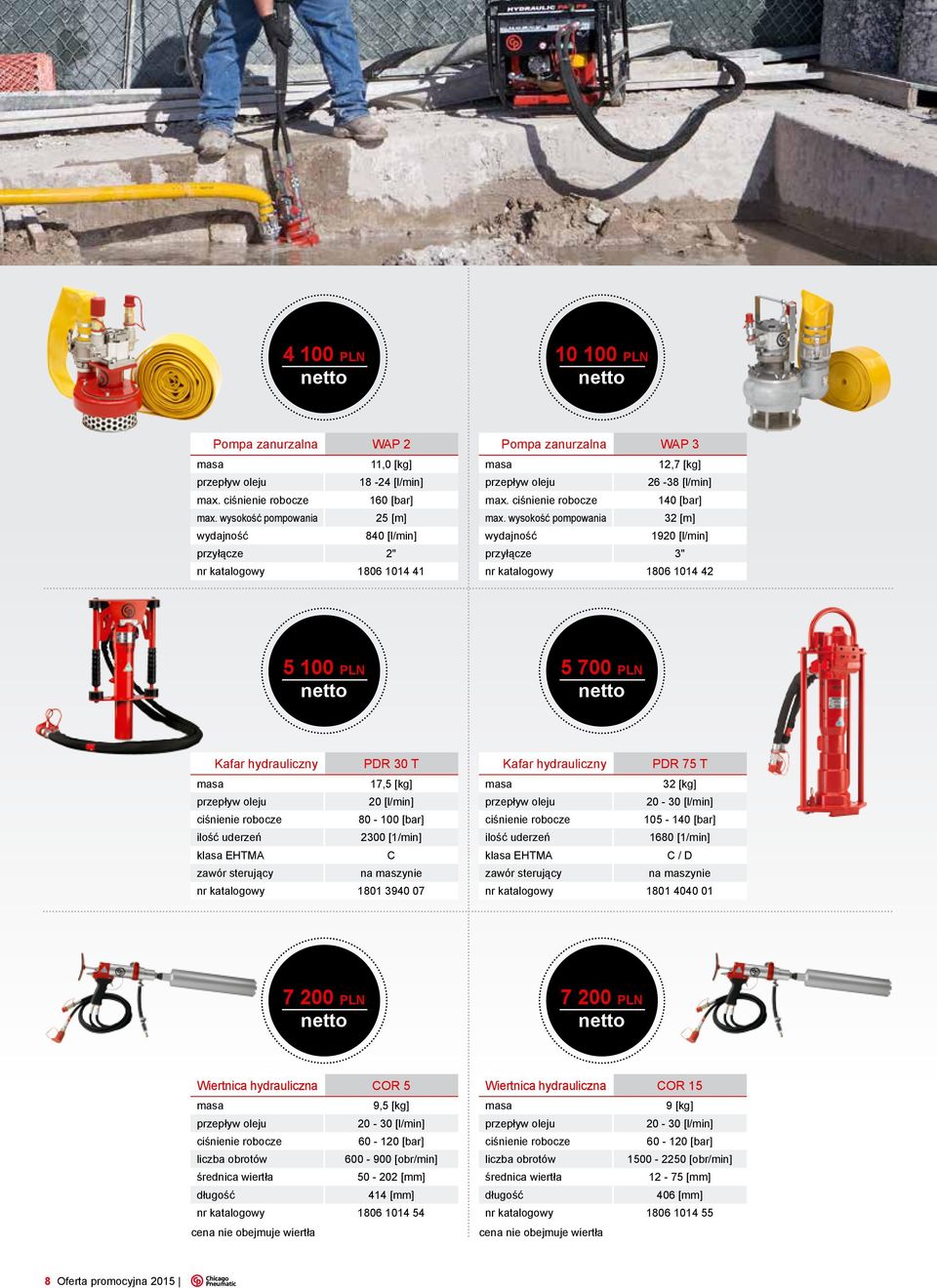 wysokość pompowania 32 [m] wydajność 1920 [l/min] przyłącze 3" nr katalogowy 1806 1014 42 5 100 PLN 5 700 PLN Kafar hydrauliczny PDR 30 T 17,5 [kg] 20 [l/min] 80-100 [bar] ilość uderzeń 2300 [1/min]