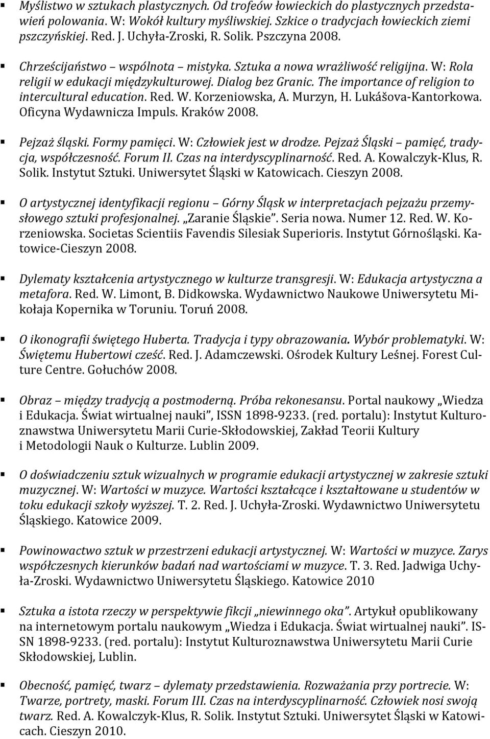 The importance of religion to intercultural education. Red. W. Korzeniowska, A. Murzyn, H. Lukášova-Kantorkowa. Oficyna Wydawnicza Impuls. Kraków 2008. Pejzaż śląski. Formy pamięci.