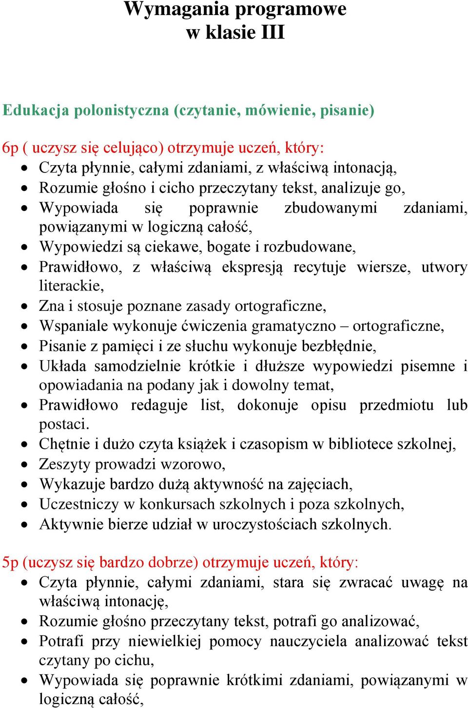 ekspresją recytuje wiersze, utwory literackie, Zna i stosuje poznane zasady ortograficzne, Wspaniale wykonuje ćwiczenia gramatyczno ortograficzne, Pisanie z pamięci i ze słuchu wykonuje bezbłędnie,