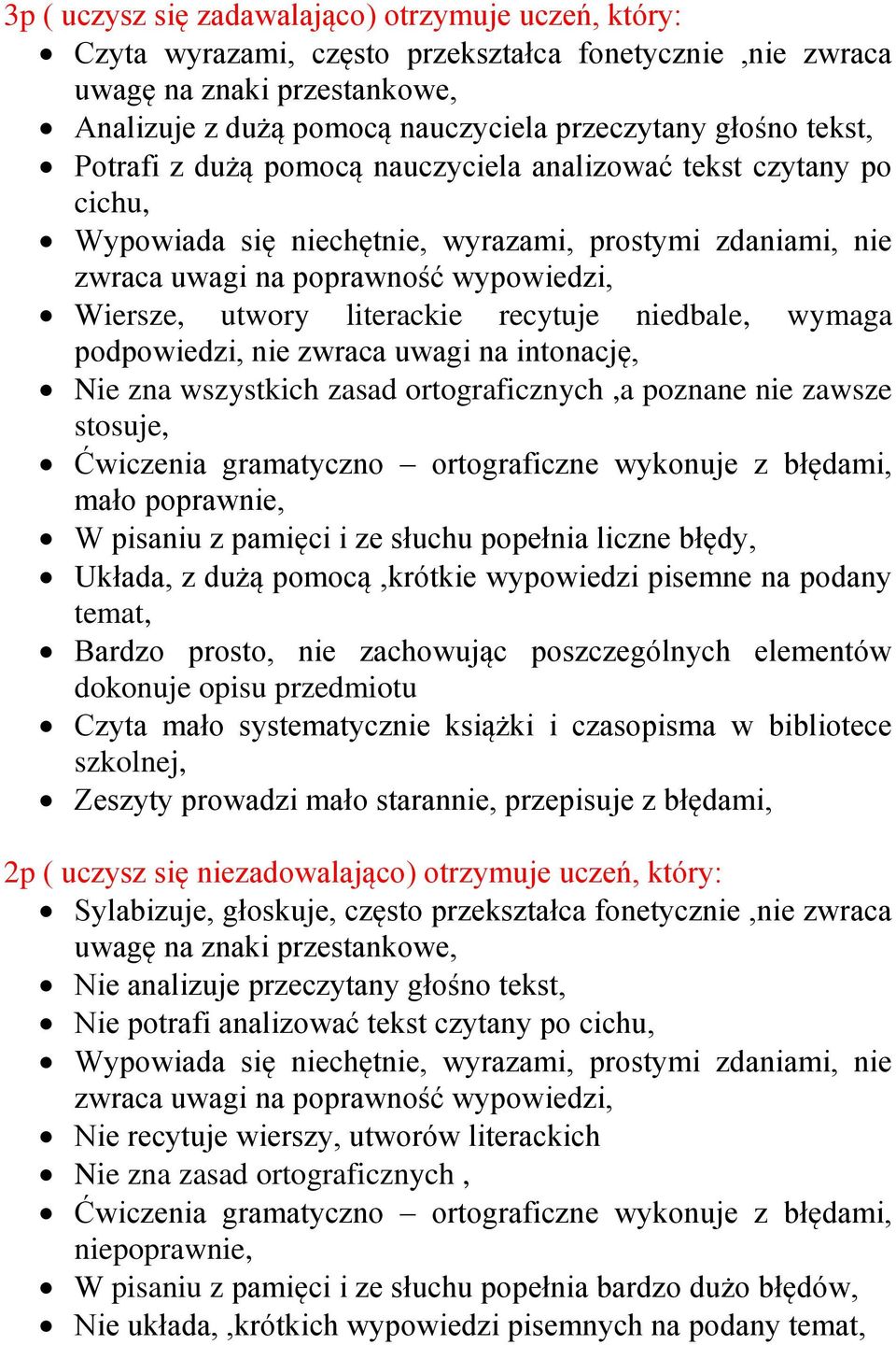 literackie recytuje niedbale, wymaga podpowiedzi, nie zwraca uwagi na intonację, Nie zna wszystkich zasad ortograficznych,a poznane nie zawsze stosuje, Ćwiczenia gramatyczno ortograficzne wykonuje z