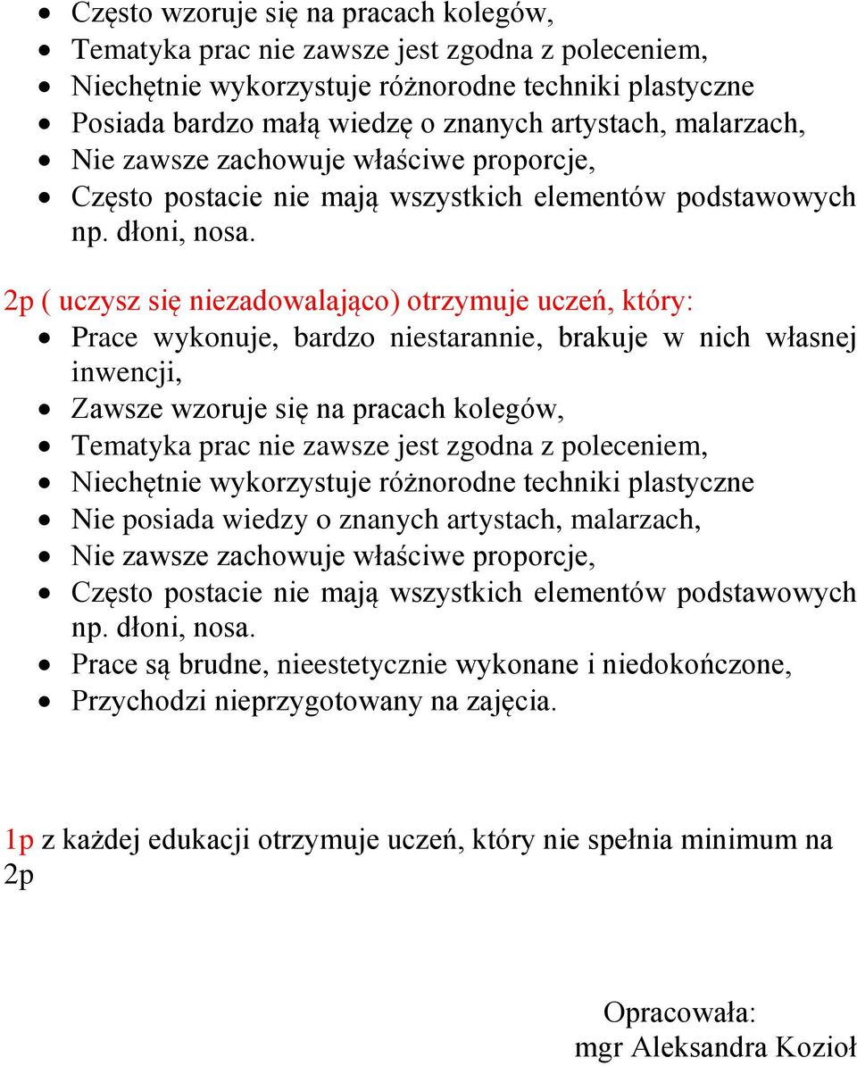 2p ( uczysz się niezadowalająco) otrzymuje uczeń, który: Prace wykonuje, bardzo niestarannie, brakuje w nich własnej inwencji, Zawsze wzoruje się na pracach kolegów, Tematyka prac nie zawsze jest