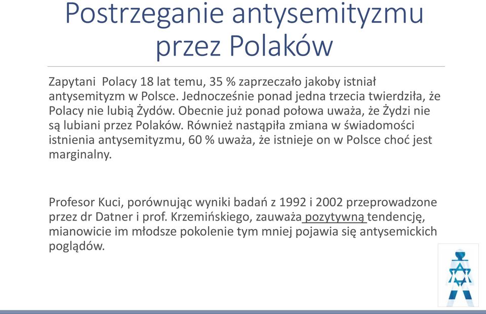 Również nastąpiła zmiana w świadomości istnienia antysemityzmu, 60 % uważa, że istnieje on w Polsce choć jest marginalny.